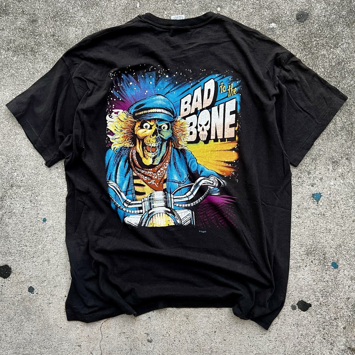 Vintage 80s Bad To The Bone 3D Skull T-Shirt XL Retro Rare Single
