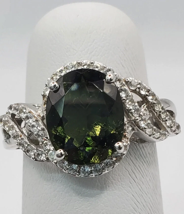 Moldavita genuina + circón blanco 3,45 ctw. en platino/plata S talla 8 nuevo sin etiquetas Foto 3 de 4