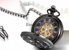 Men Vintage Black Cross Hallow Mechanical Skeleton Steampunk Pocket Watch Windup