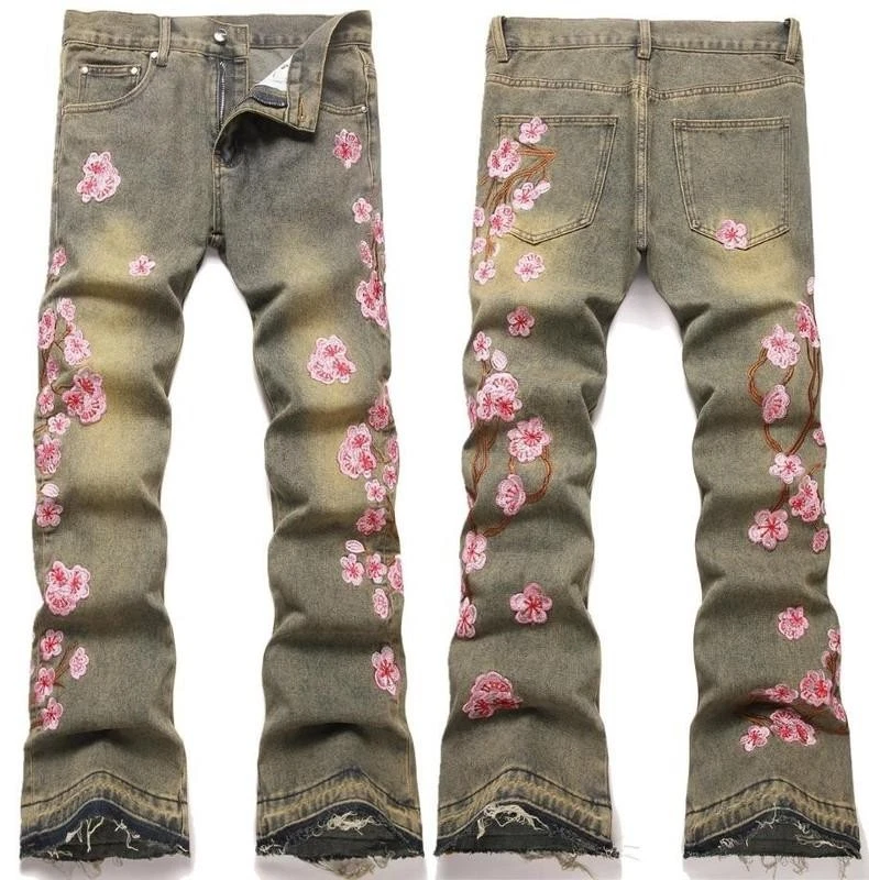 Men's Retro Blue Denim Jeans Straight Leg Floral Embroidery Pants Punk Trousers
