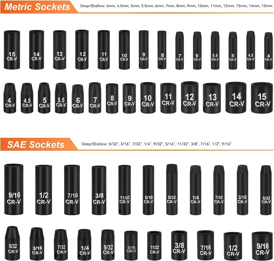 56-Piece 1/4" Drive Socket Set, SAE & Metric, Deep & Shallow - Image 4 of 4