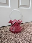 Fenton Art Glass Cranberry Coin Dot Basket with Crystal Handle 8 in Tall