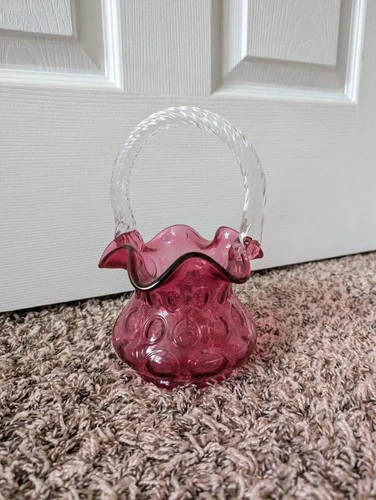 Fenton Art Glass Cranberry Coin Dot Basket with Crystal Handle 8 in Tall