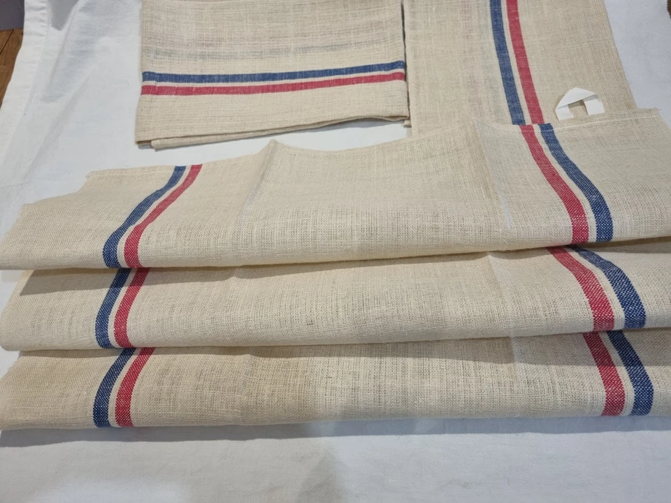 3 Anciens Torchons en Métis / Liteaux Bleu et  Rouge NEUFS 85 x60  cm / FRENCH - Photo 2/2