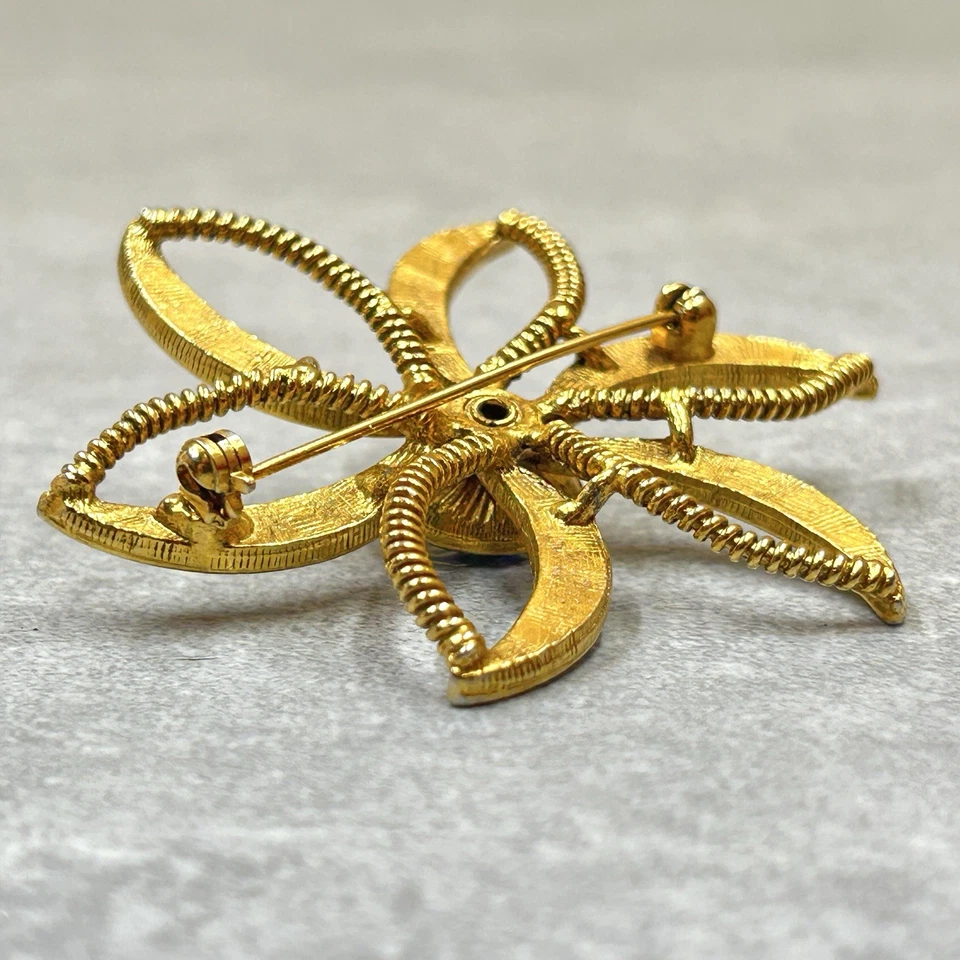 Broche Vintage Flor Verde AB Rivoli Centro Estrás Esmalte Tono Dorado Foto 4 de 4