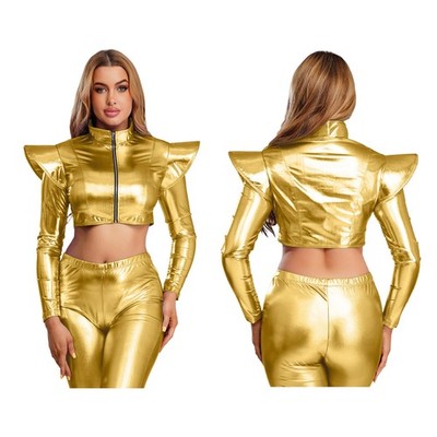 Frauen Crop-Top Reißverschluss Astronaut Festival Oberbekleidung Leder Outfits