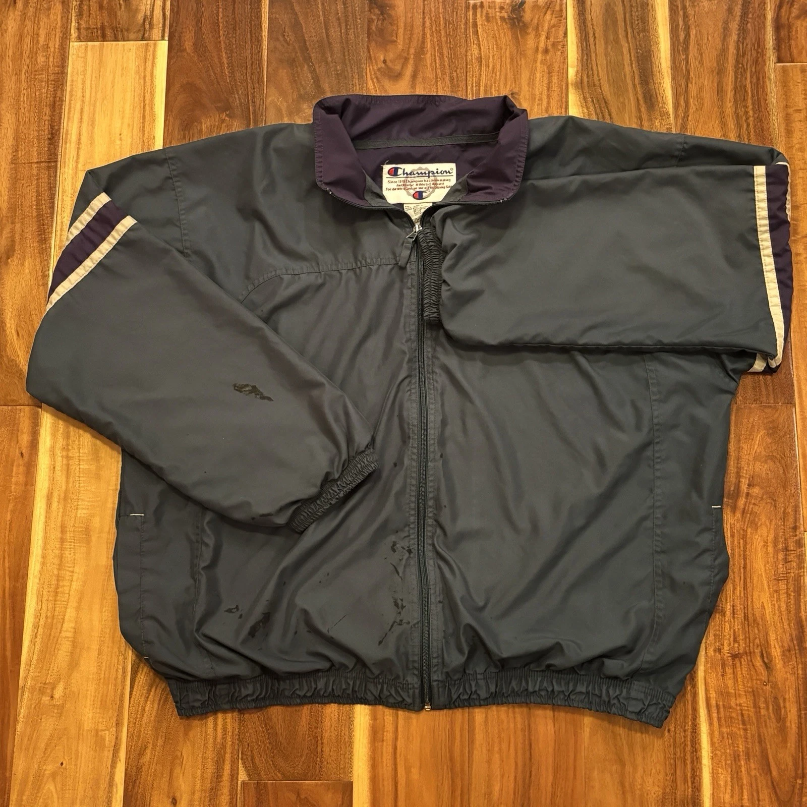 VINTAGE Champion Black Windbreaker Full Zip Jacket 90s Retro Size Xl *Stains* - product detail image 1