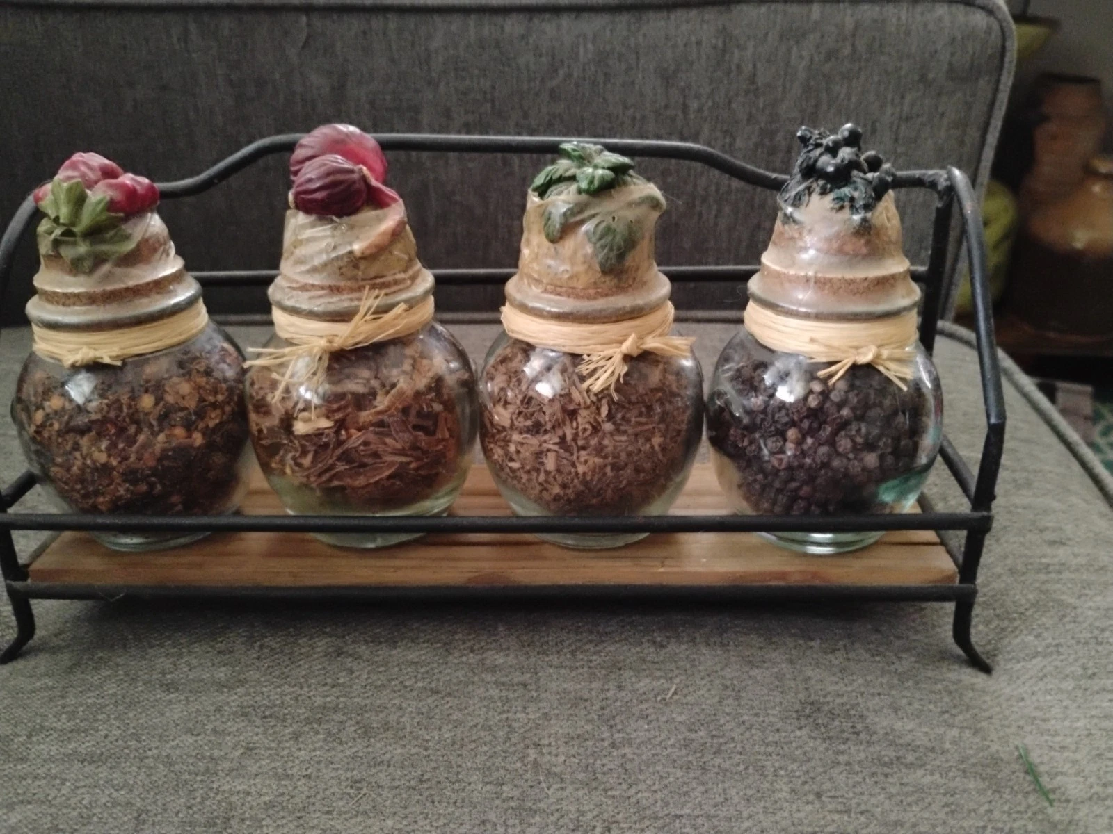 Unusual Vtg Spice Rack Decorative Covers Unopened Jars