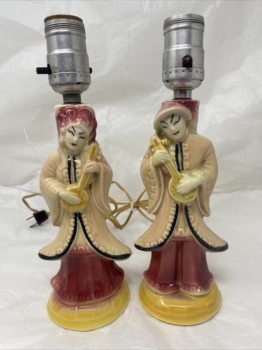 Coppia Lampade da Tavolo Vintage Metà Secolo Quaranta/Cinquanta Statuine Asiatiche Lampada TV - Foto 4 di 14