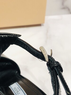PRADA Black Leather Metallic Gray Square Toe Ankle Strap