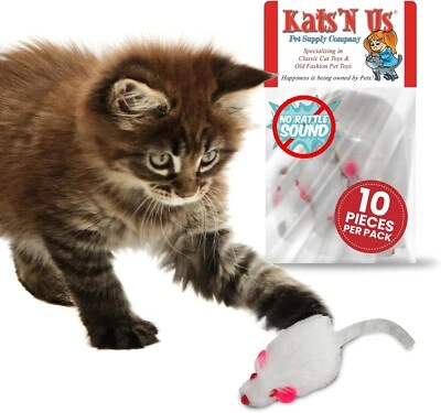 KATS'N US® Real Rabbit Fur White Mouse Cat Toy - 10 Pak - No Rattle Sound