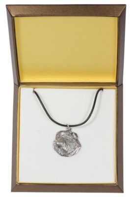 Belgium Griffon - silver covered necklace with dog, in box, Art Dog USA