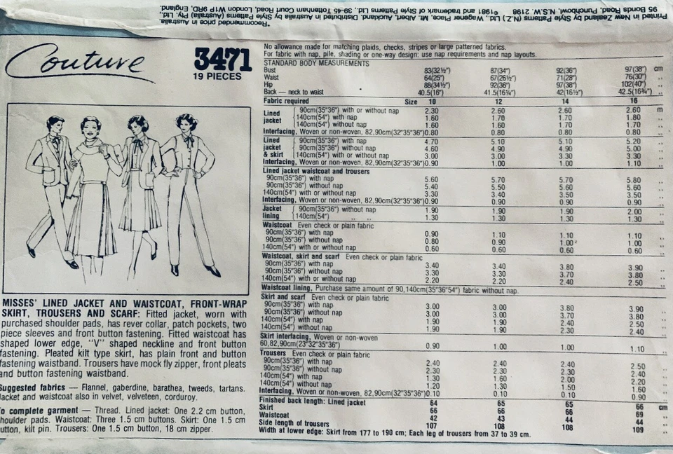 STYLE Sewing Pattern 3471 | Misses Jacket, Waistcoat, Skirt & Pants Sz 16 UNCUT - Image 2 of 3