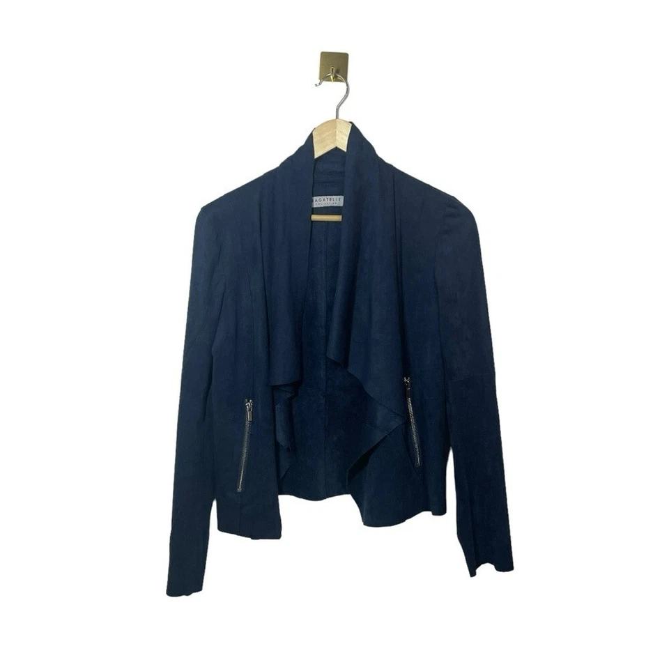 Bagatelle Faux Suede Drape-Front Jacket in Navy Blue One Size - Image 2 of 4
