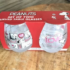 Peanuts~Snoopy Valentine's Day~Set of 2~Stemless Wine/H20~Curved~ New