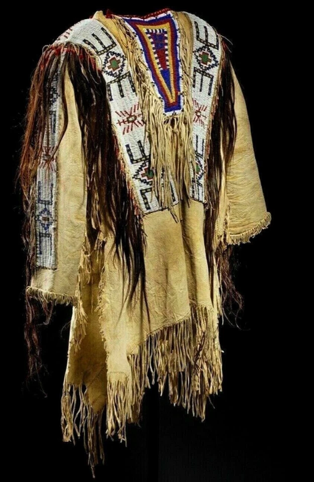 Men Native American Western Warrior Oglala Lakota Suede Leather Shirt Beaded - Image 3 of 4