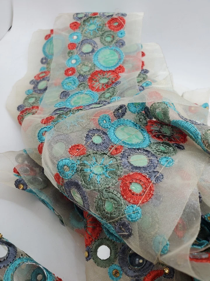 Apliques Espejados Borde Art Deco Turca Moderna, Gris, Naranja, 2 yardas x 3" Base de Tul Foto 2 de 3