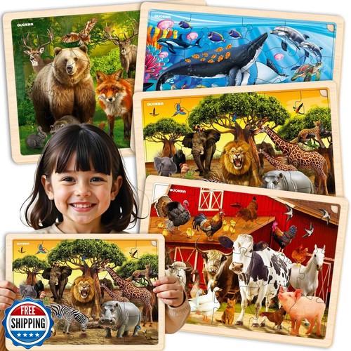 QUOKKA 4SET Puzzles for Kids Ages 4-6 - 48 Pcs Wooden Toddler Realistic Monte
