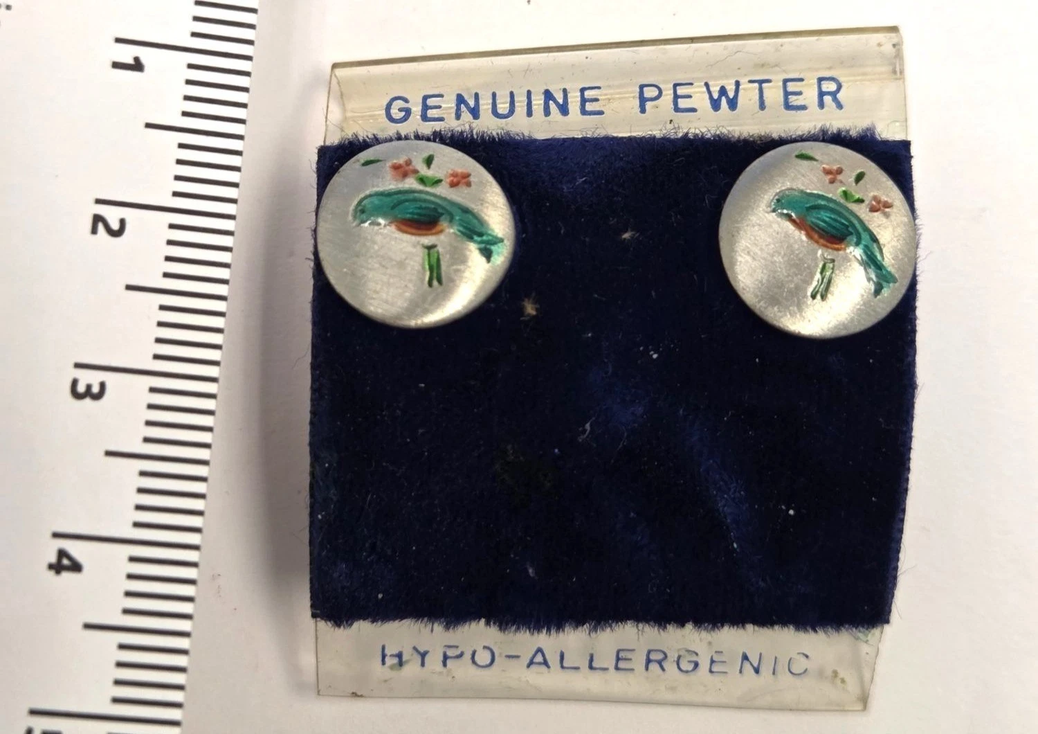Genuine Pewter Hypoallergenic Earrings With Hand-Painted Bird Design Round
