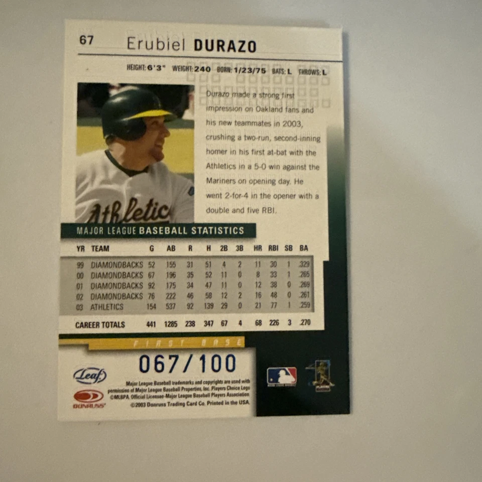 2004 Leaf #67 Press Proof Blue /100 Erubiel Durazo Oakland Athletics - Image 3 of 4