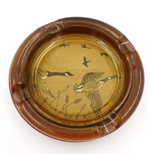Vintage Cigar Ashtray Leather Stand Amber Glass Geese Mancave Lodge Decor MCM