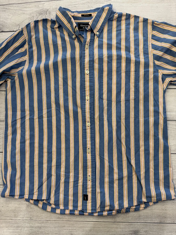 Abercrombie & Fitch Shirt Mens Large Blue Yellow Striped Muscle Button Down - Image 3 of 4
