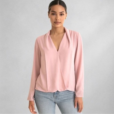 Three Eighty Women s Blouse Soft Pink Drape Front Long Sleeve Top Size Large