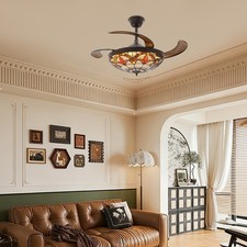 Tiffany Ceiling Fan with Light Glass Shade LED Retractable Chandelier Stained