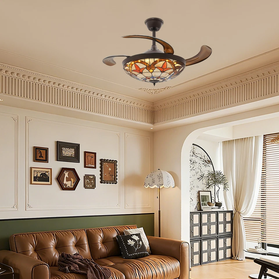 Tiffany Ceiling Fan with Light Glass Shade LED Retractable Chandelier Stained - Image 2 of 4