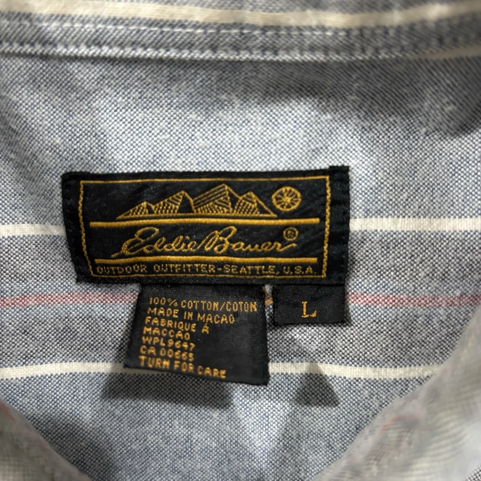 Vintage Eddie Bauer Shirt Men's Large Striped Button Twill Cotton 90s Blue Gray - Image 2 of 4