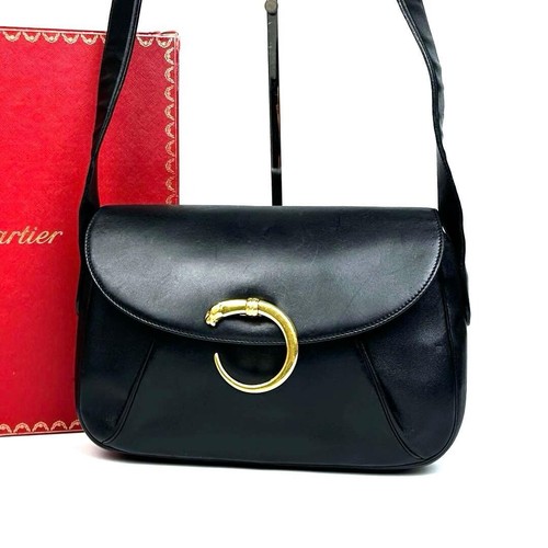 Cartier Panthere Black Calf Leather Shoulder Bag Crossbody Formal Vintage Gold