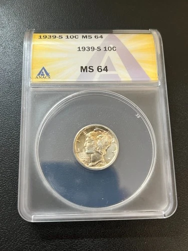 1939 S MERCURY DIME ANACS MS-64 - UNCIRCULATED - LUSTER - CERTIFIED SLAB - 10C