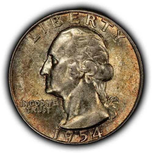 1954 25c Silver Washington Quarter - Colorful Toning - BU - SKU-Y6313