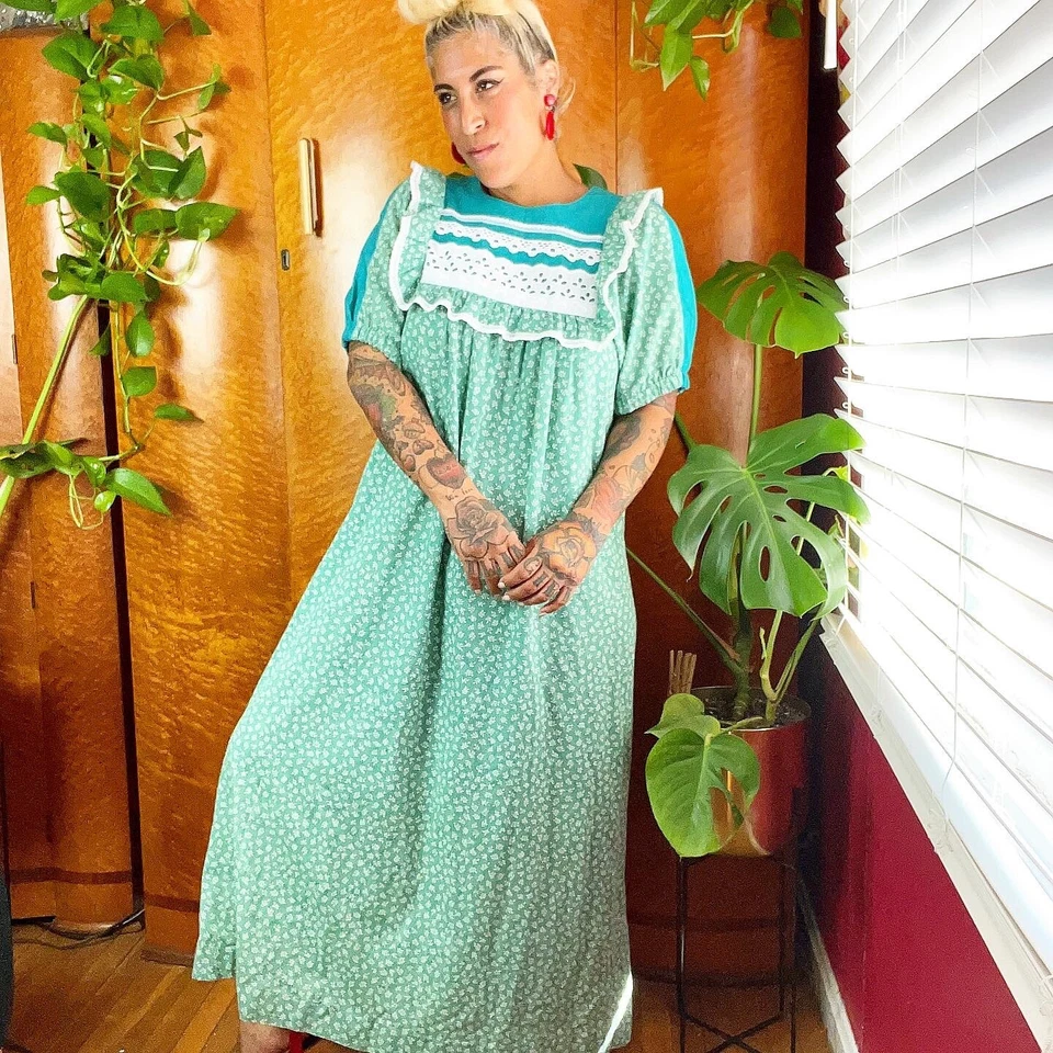 Maxi Vestido SEAR’S HAWAIANO AÑOS 70’S 70 Ojales Encaje Pradera Verde Turquesa M L Foto 2 de 4