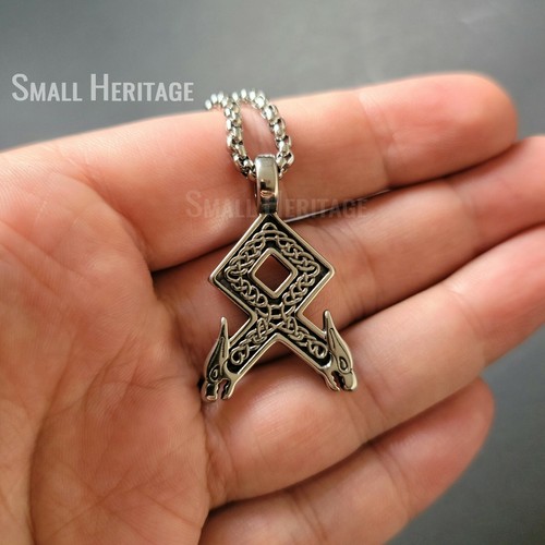 Viking Othala Odal Rune Pendant Stainless Steel Wolf Heads Necklace Norse Amulet - Picture 8 of 9