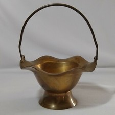 Brass Scalloped Edge Basket With Fold Down Brass Handle Made In India