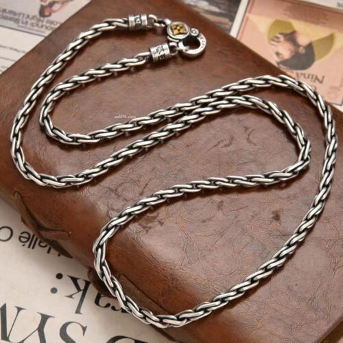 Real S925 Sterling Silver Necklace Men 4mm Vajra Twist Rope Link chain 24inchL - Picture 1 of 6