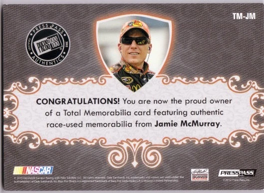 JAMIE McMURRAY 2012 Press Pass Total Memorabilia Race Firesuit Glove Card 60/75 - Image 2 of 2