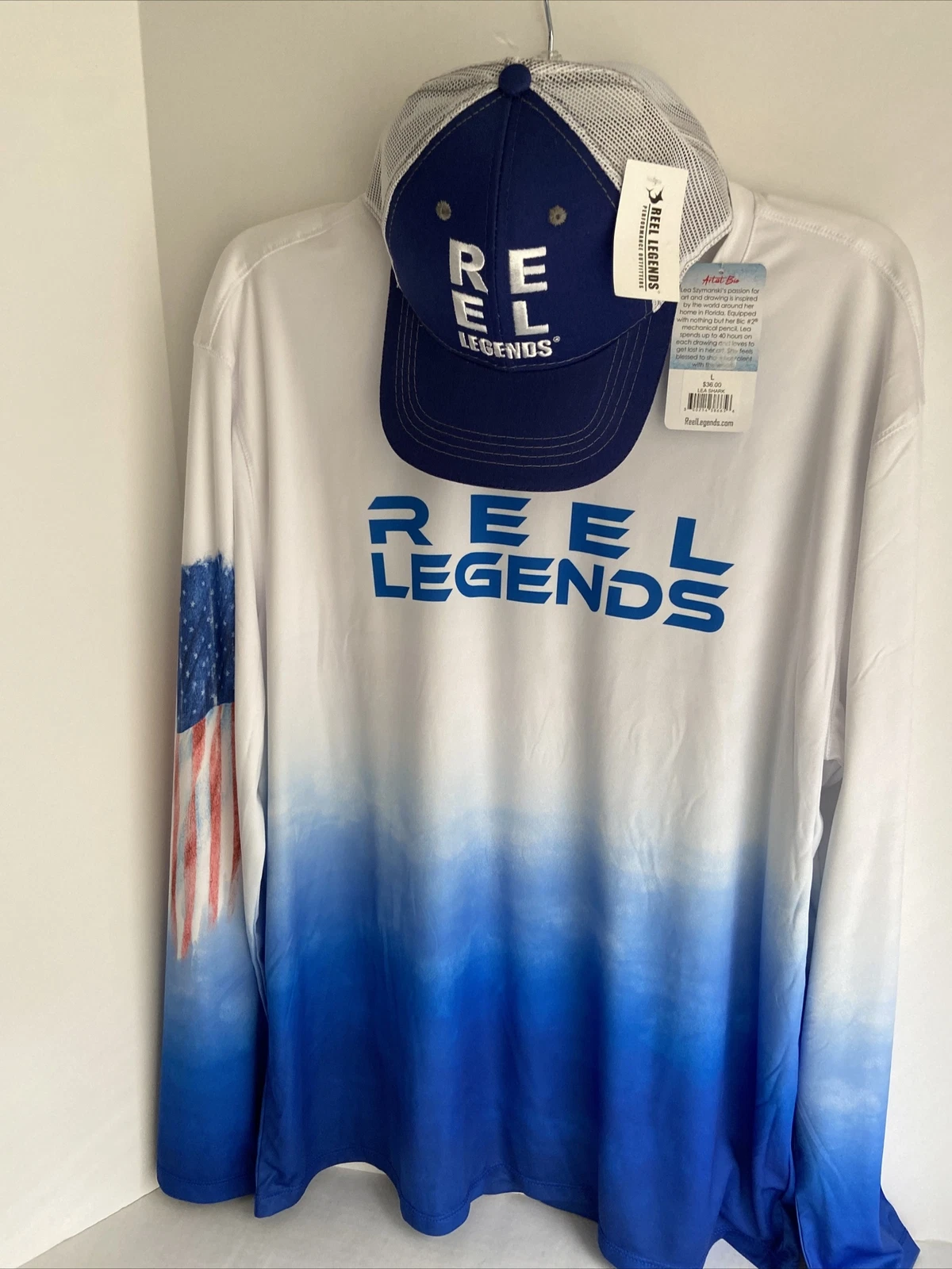 Reel Legends Mens Reel-Tec Americana Shark Long Sleeve UV Shirt & Hat