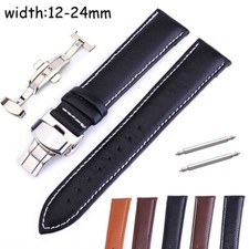 Steel Butterfly Buckle Cow Leather Watch Strap Bracelet 12 13-19mm 20 21 22 24mm