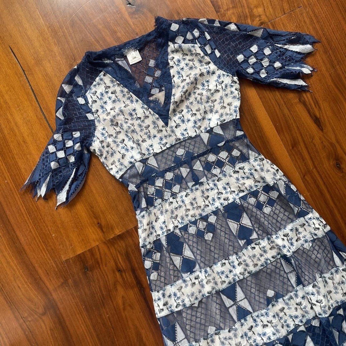 blue and white patchwork dress Mello Navy Cotton Patchwork Sleeveless Mini Dress
