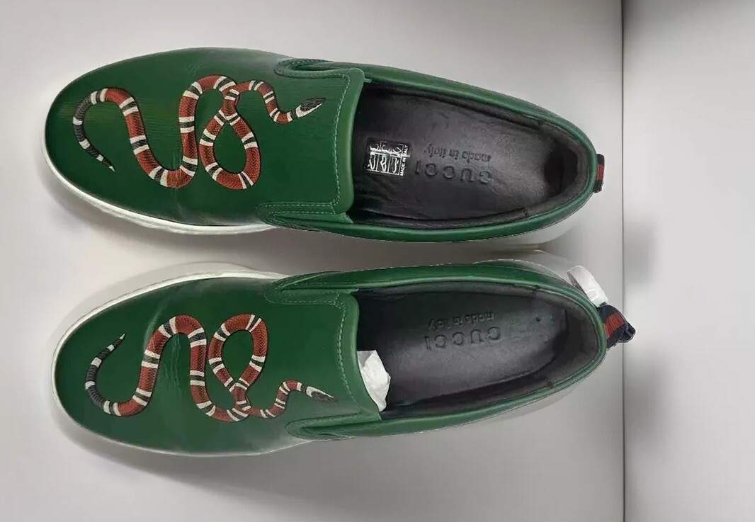 Gucci Green Leather Dublin Snake Print Slip On Sneakers Size  display picture 3