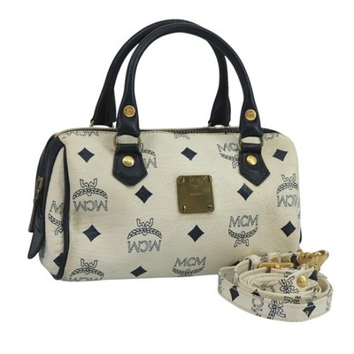 ♡　MCM MCM Vicetos Logogram Hand Bag PVC Leather 2way White Navy