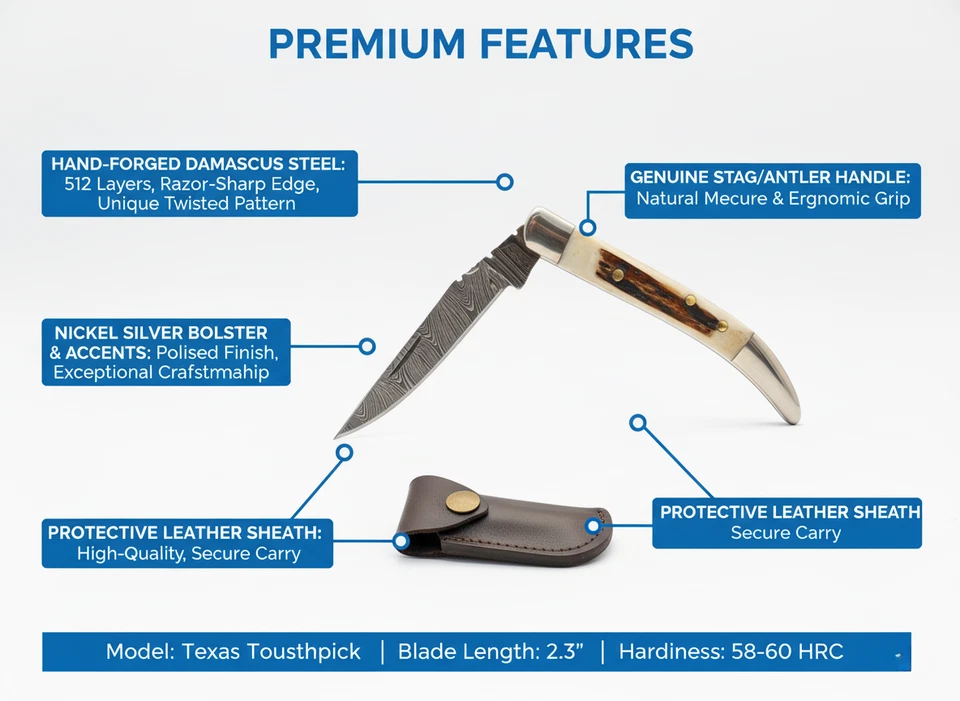 Hand Forged Damascus Steel Texas Toothpick Folding Pocket Knife Stag Handle - Image 3 of 4