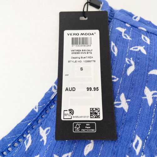 Vero Moda Tirza Short Sleeve Calf Dress Womens S Dazzling Blue White V-Neck New - Picture 5 of 13