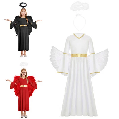 MARKENLOS Mädchen Engelskostüm mit Engelsflügel Heiligenschein Maxikleid Karneval Kostüme