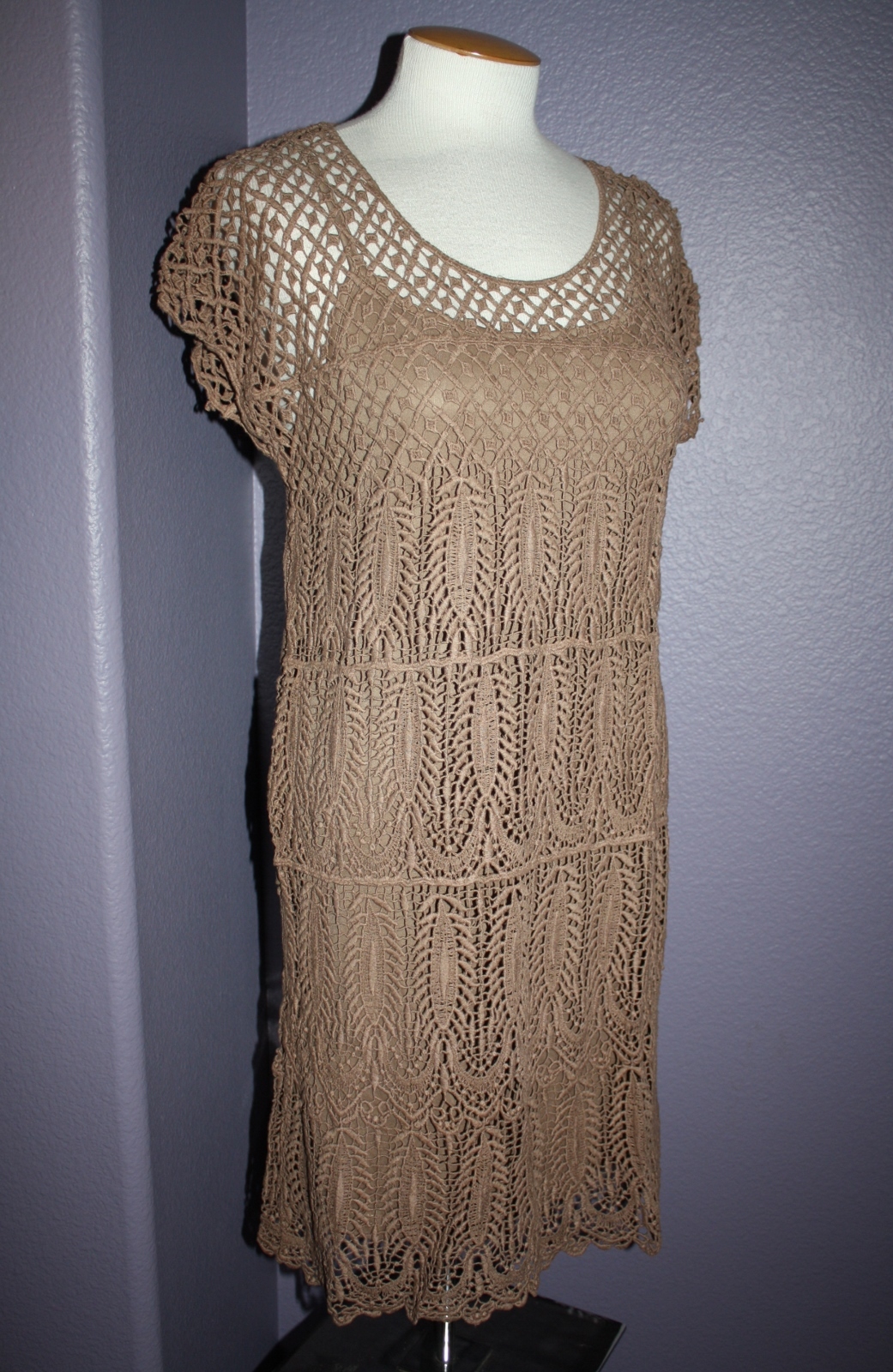NWT Solitaire by Ravi Khosla Brown Boho Crochet Cap Sleeve Dress w/ Slip S