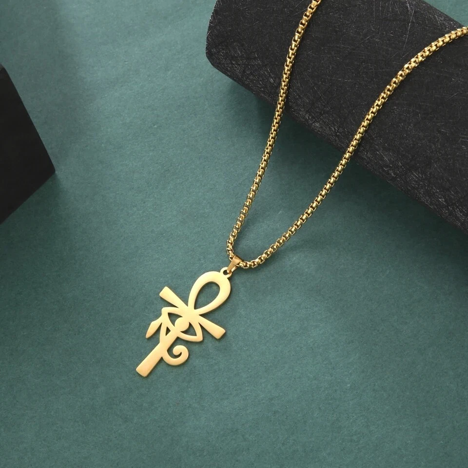 Collana catena acciaio inox ciondolo occhio di Horus croce egiziana donna uomo - Immagine 4 di 4