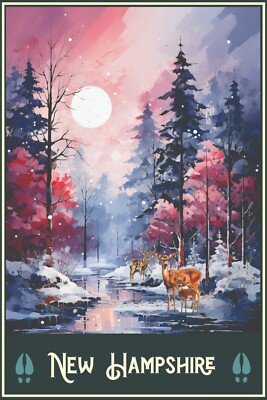 New Hampshire Winter Scene Snow Deer Art Travel Poster 16 x 24 Wildlife