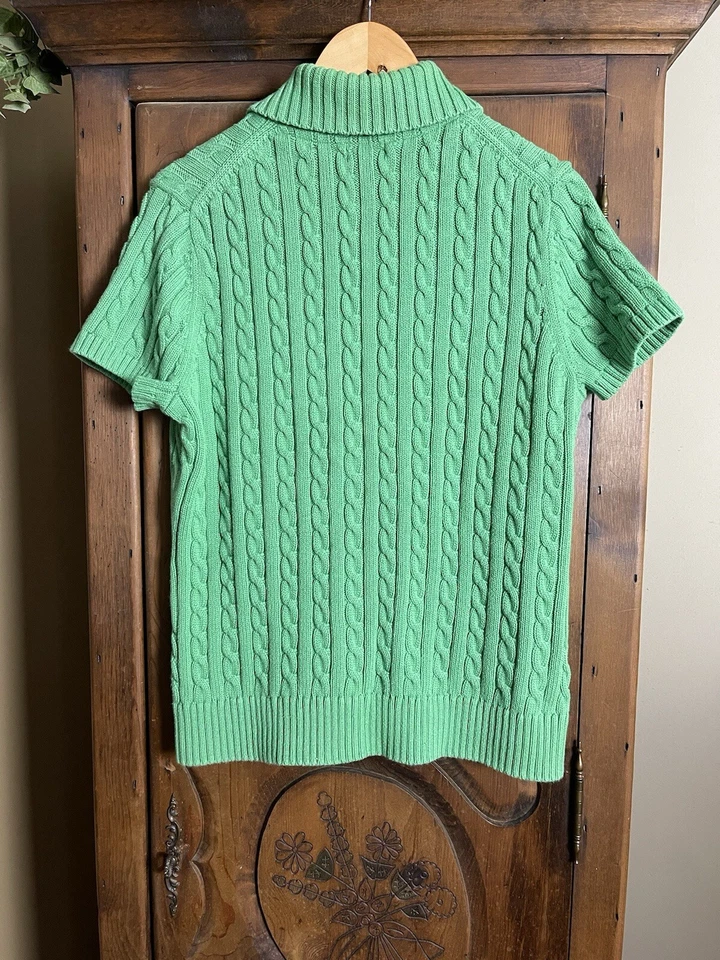 L.L. Bean Women’s Size XL Green Cotton Cable Knit S/S Button Up Cardigan Sweater - Image 2 of 4